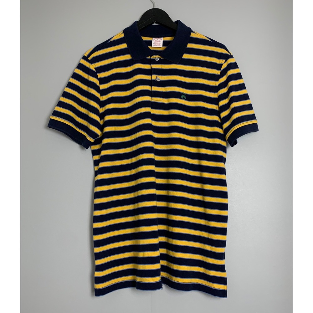 Brooks Brothers Mens Performance Polo Shirt M Blue Yellow Striped Short Sleeve